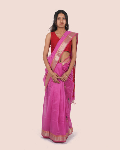 Pink Pure Cotton Silk Maheshwari Saree with Gold Zari Border