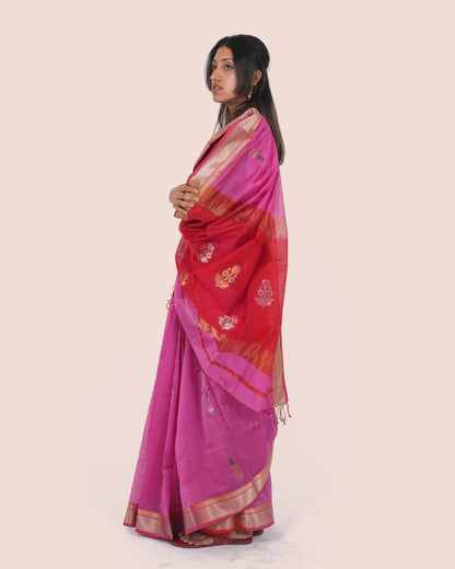 Pink Pure Cotton Silk Maheshwari Saree with Gold Zari Border