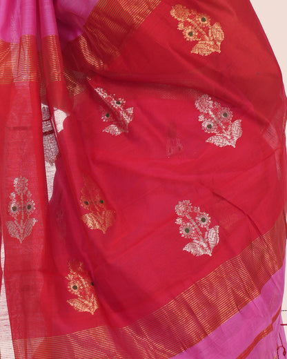 Pink Pure Cotton Silk Maheshwari Saree with Gold Zari Border