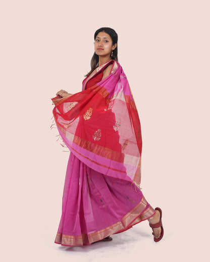 Pink Pure Cotton Silk Maheshwari Saree with Gold Zari Border