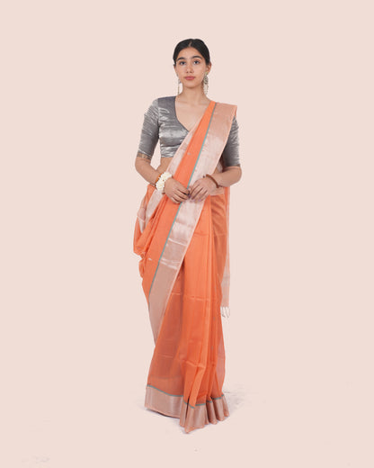 Peach Pure Silk Cotton Maheshwari Saree