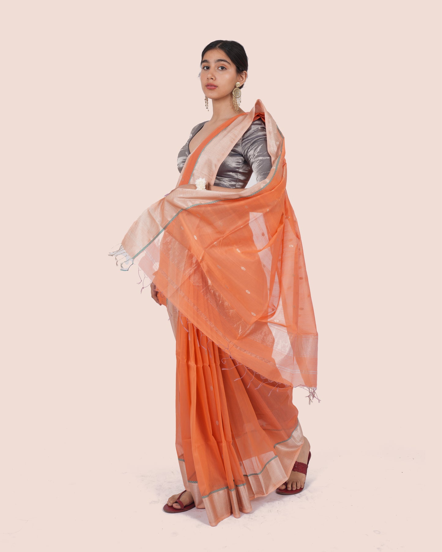 Peach Pure Silk Cotton Maheshwari Saree