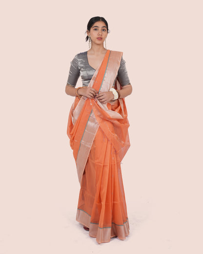 Peach Pure Silk Cotton Maheshwari Saree