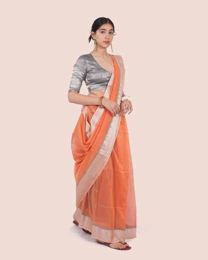 Peach Pure Silk Cotton Maheshwari Saree