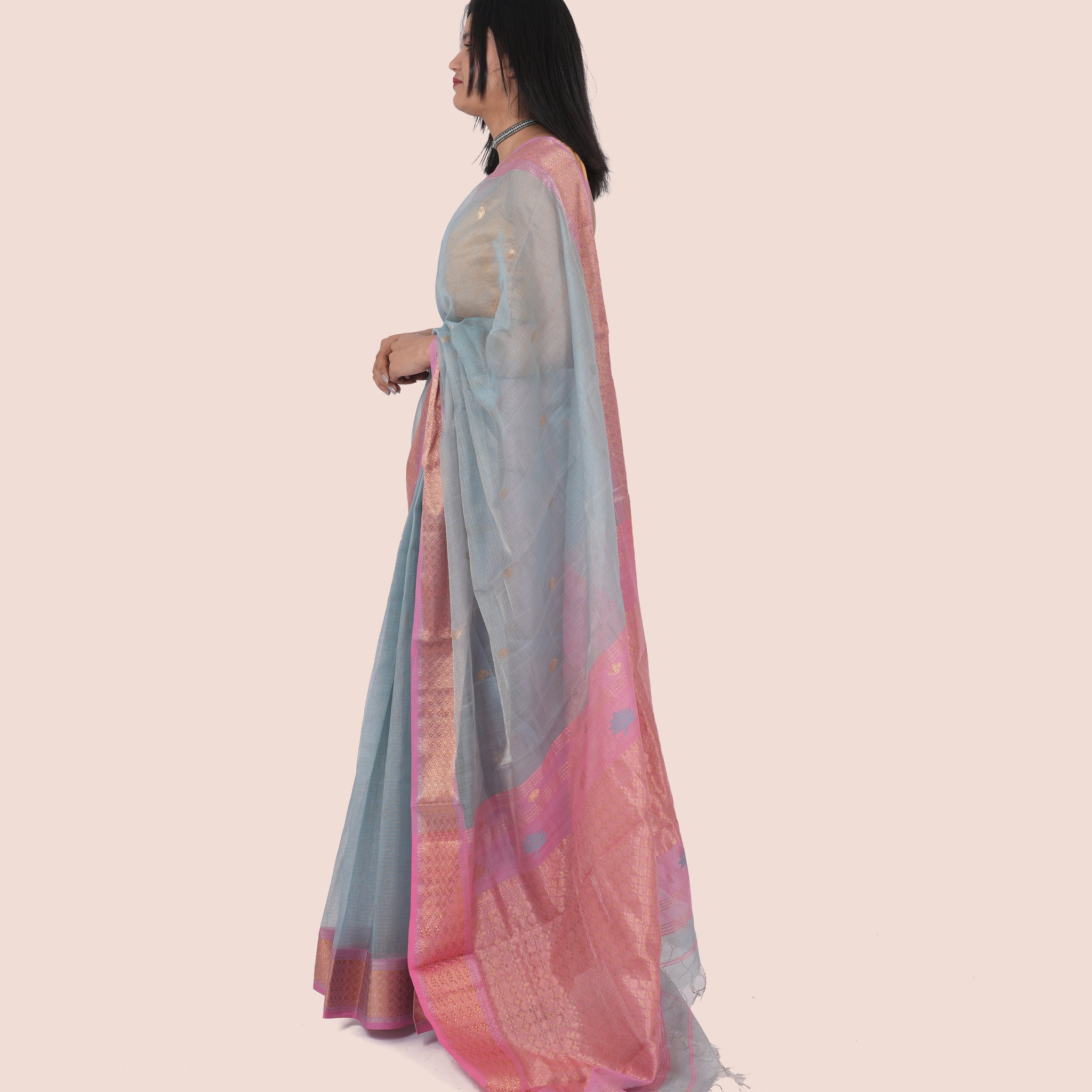 Baby Blue Tissue Silk Maheshwari Saree with Pink Botti Pallu and Multicolour Zari Border