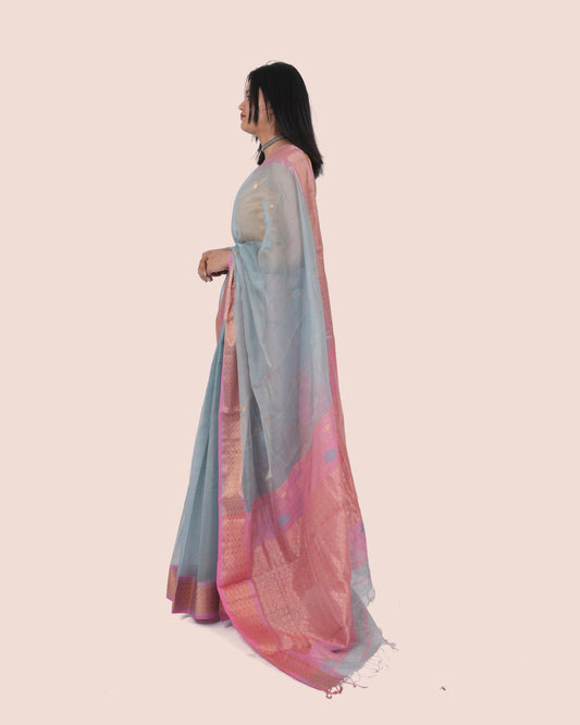 Baby Blue Tissue Silk Maheshwari Saree with Pink Botti Pallu and Multicolour Zari Border