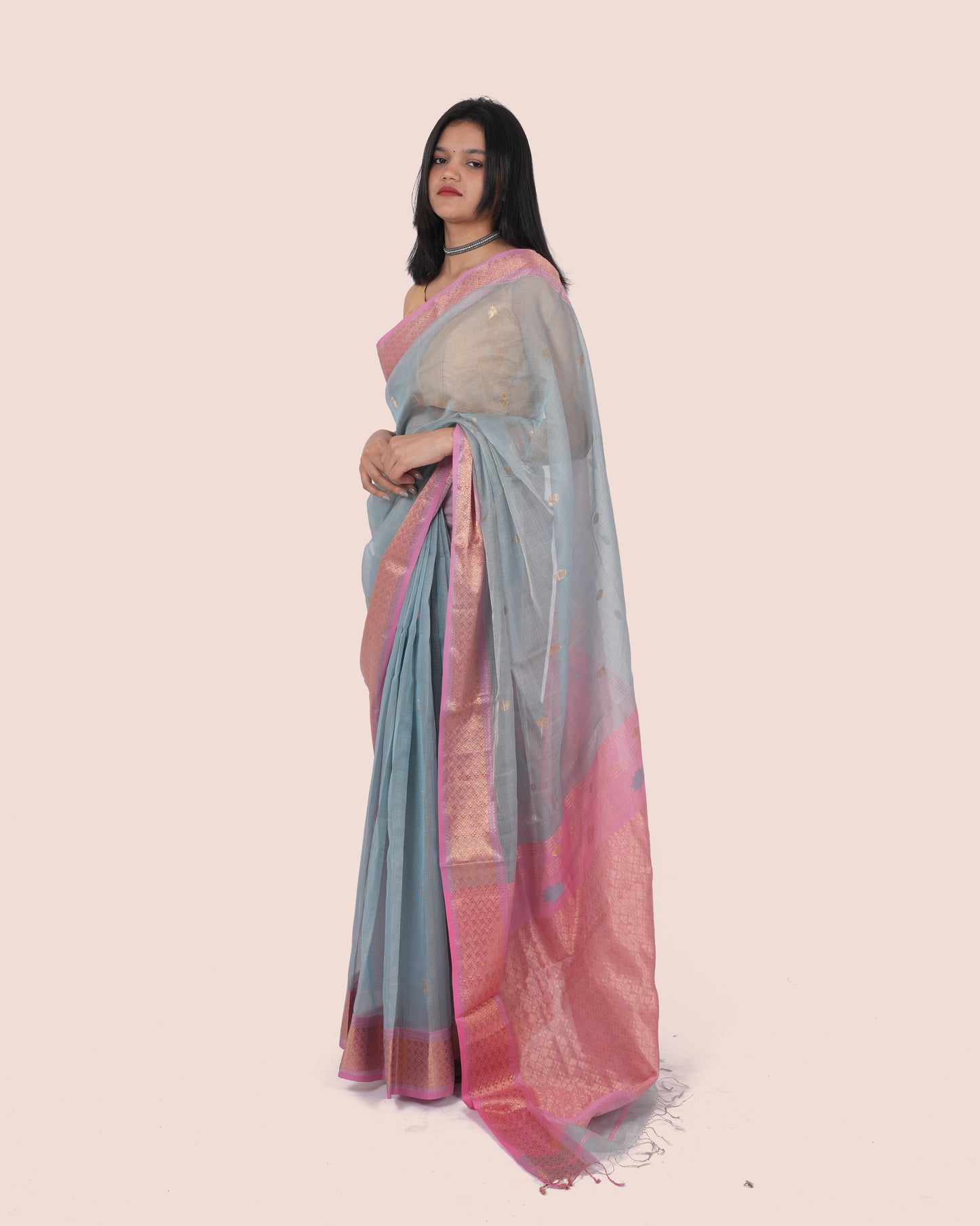 Baby Blue Tissue Silk Maheshwari Saree with Pink Botti Pallu and Multicolour Zari Border