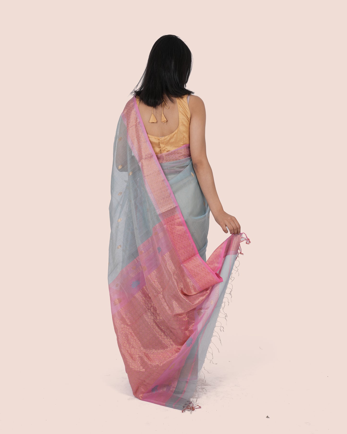 Baby Blue Tissue Silk Maheshwari Saree with Pink Botti Pallu and Multicolour Zari Border