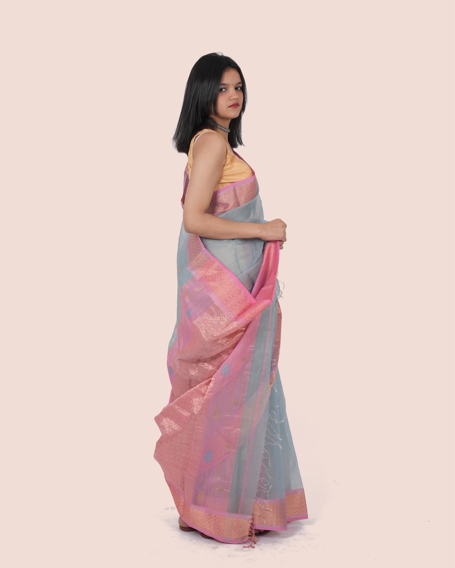 Baby Blue Tissue Silk Maheshwari Saree with Pink Botti Pallu and Multicolour Zari Border