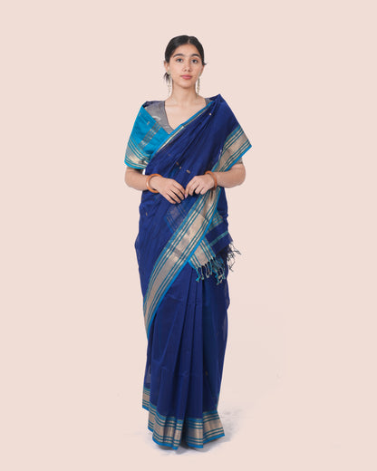 Navy Blue Pure Silk Cotton Maheswari Saree with Striped Light Blue Zari Booti Palla with Multicolour Border