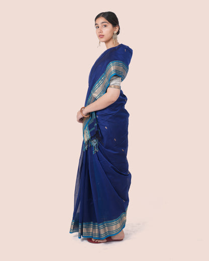 Navy Blue Pure Silk Cotton Maheswari Saree with Striped Light Blue Zari Booti Palla with Multicolour Border