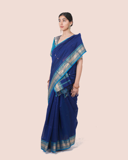 Navy Blue Pure Silk Cotton Maheswari Saree with Striped Light Blue Zari Booti Palla with Multicolour Border