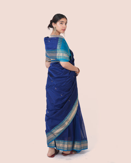 Navy Blue Pure Silk Cotton Maheswari Saree with Striped Light Blue Zari Booti Palla with Multicolour Border