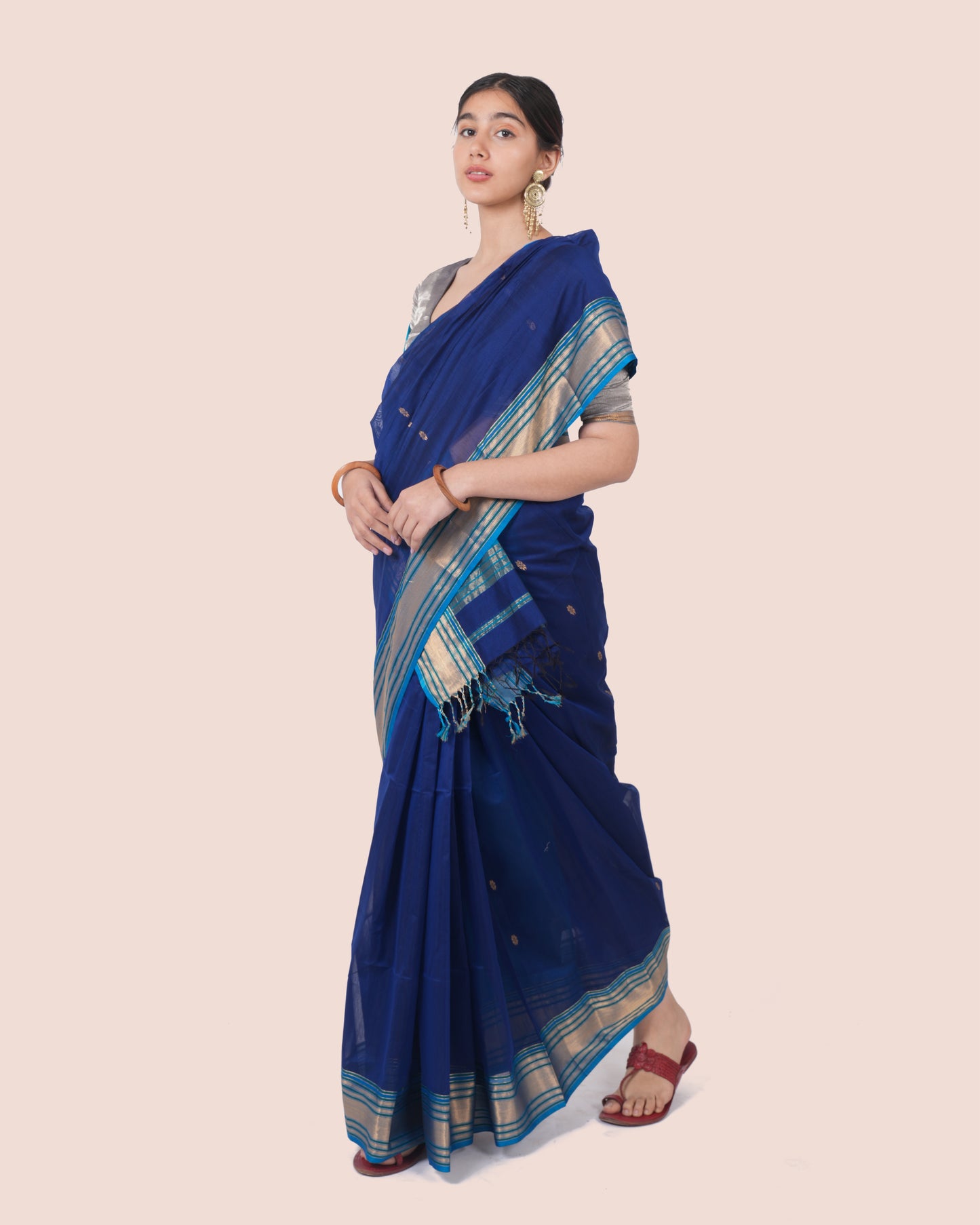 Navy Blue Pure Silk Cotton Maheswari Saree with Striped Light Blue Zari Booti Palla with Multicolour Border