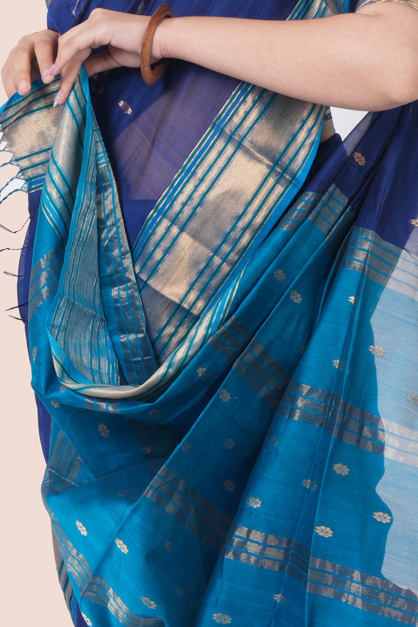 Navy Blue Pure Silk Cotton Maheswari Saree with Striped Light Blue Zari Booti Palla with Multicolour Border