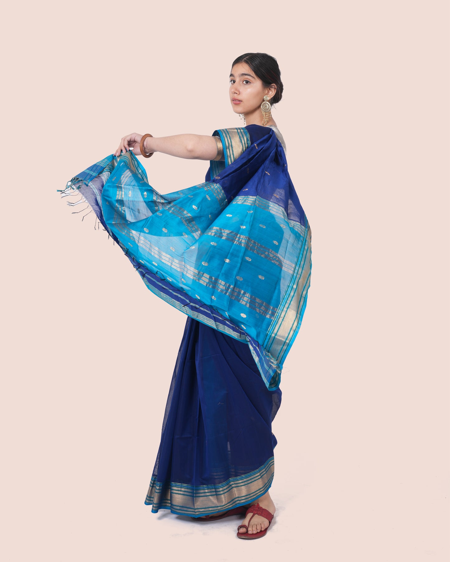 Navy Blue Pure Silk Cotton Maheswari Saree with Striped Light Blue Zari Booti Palla with Multicolour Border