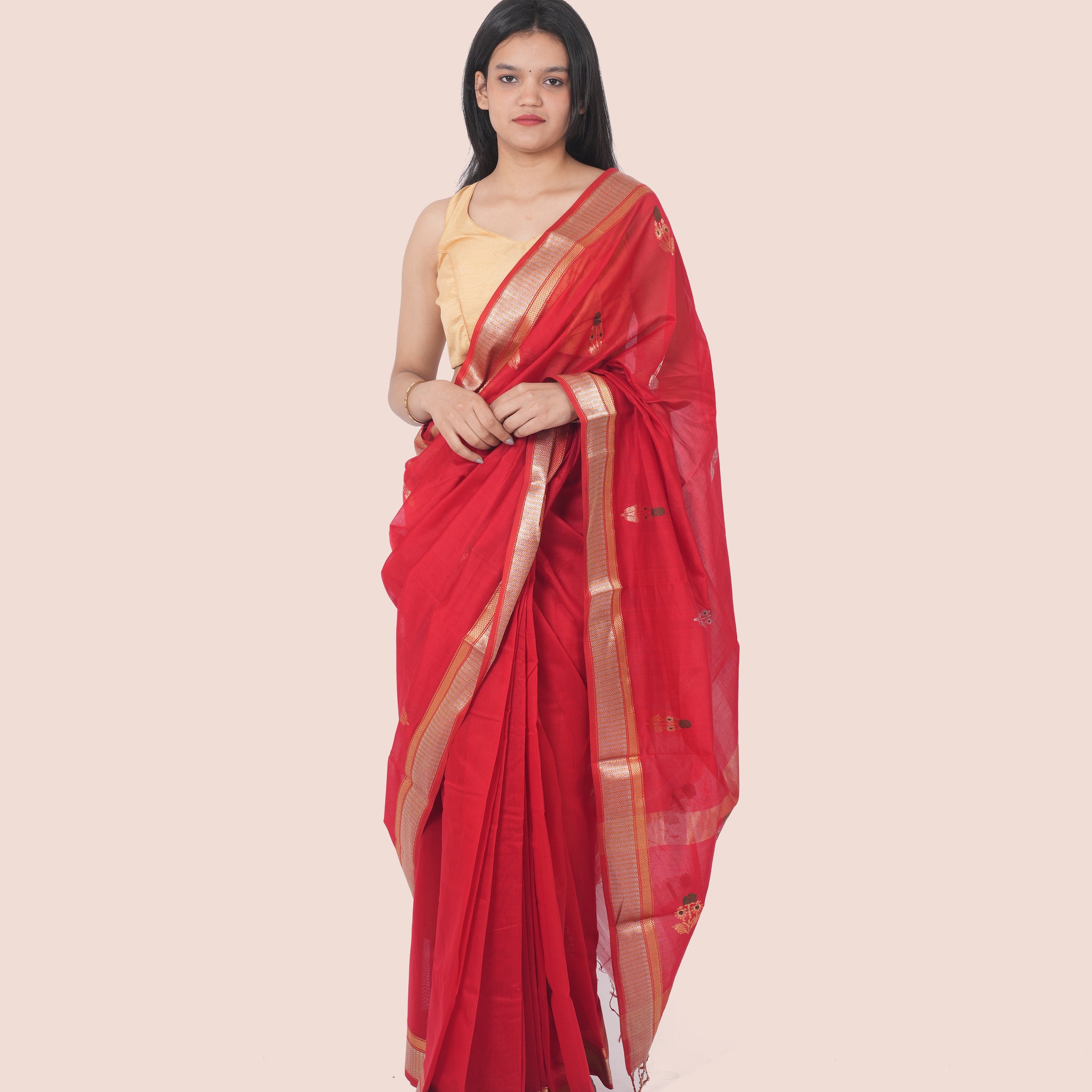 Red Pure Silk & Cotton Booti Maheshwari Saree with Gold Border