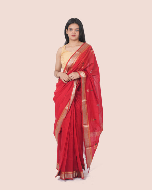 Red Pure Silk & Cotton Booti Maheshwari Saree with Gold Border