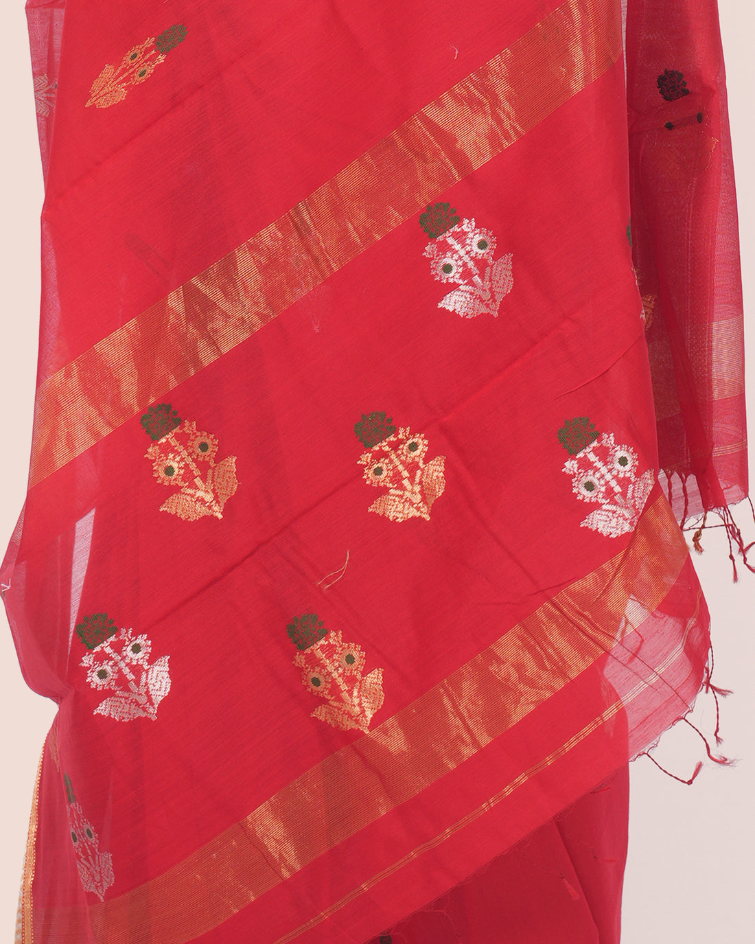 Red Pure Silk & Cotton Booti Maheshwari Saree with Gold Border