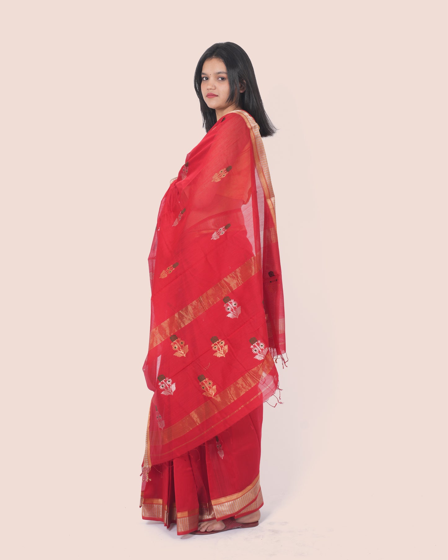 Red Pure Silk & Cotton Booti Maheshwari Saree with Gold Border