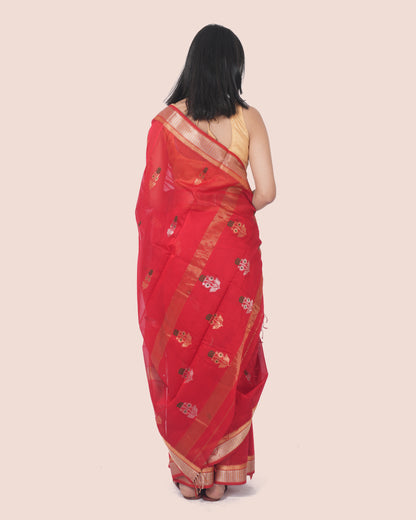 Red Pure Silk & Cotton Booti Maheshwari Saree with Gold Border