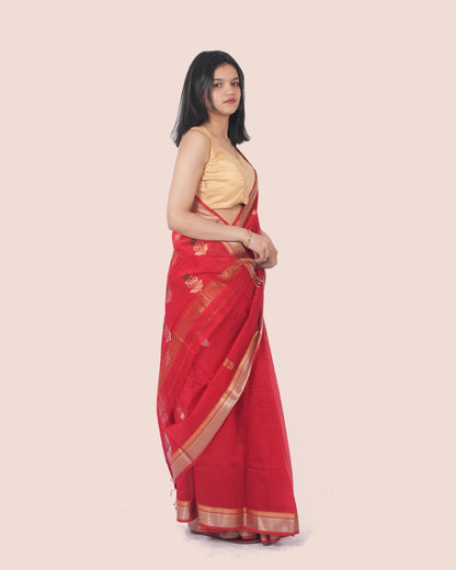 Red Pure Silk & Cotton Booti Maheshwari Saree with Gold Border