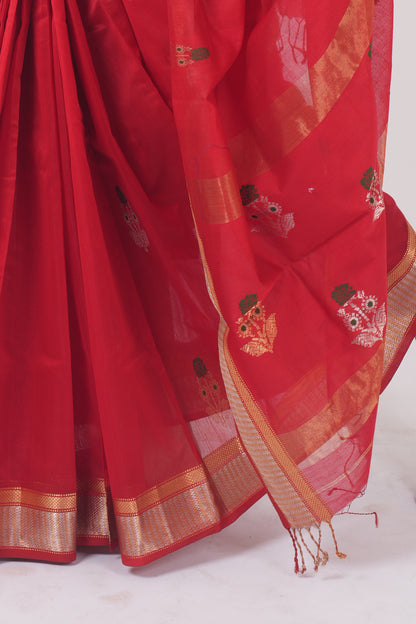 Red Pure Silk & Cotton Booti Maheshwari Saree with Gold Border