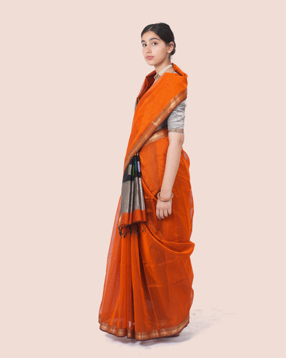 Orange Pure Cotton Silk Maheswari Saree