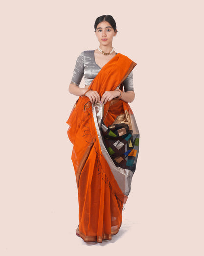 Orange Pure Cotton Silk Maheswari Saree