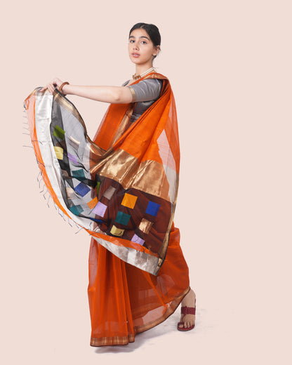 Orange Pure Cotton Silk Maheswari Saree