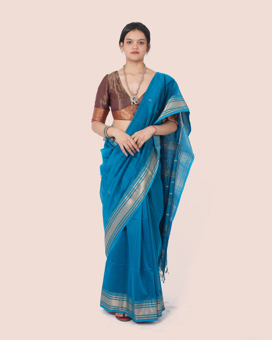 Blue Handwoven  Silk Cotton Maheshwari Saree