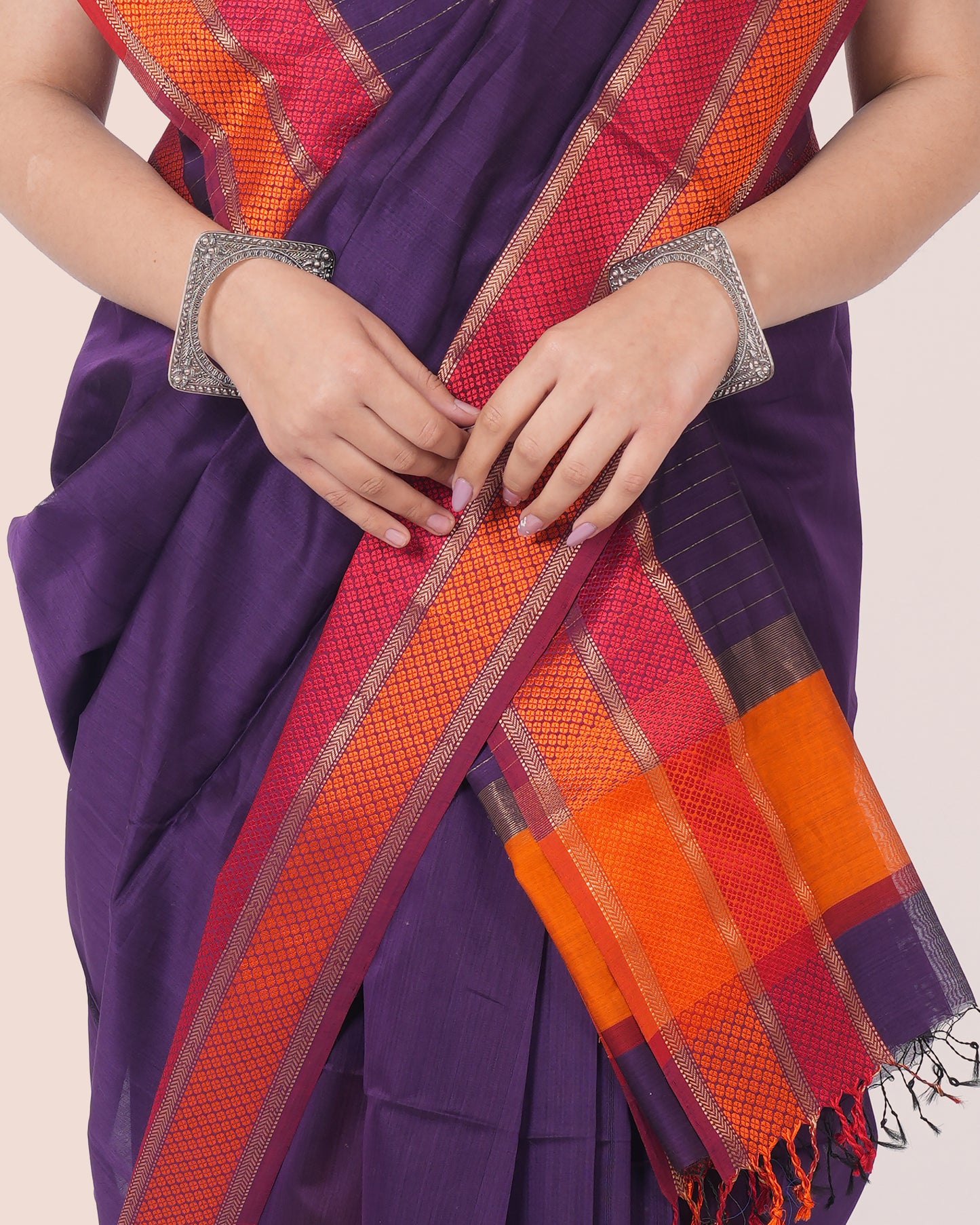 Purple Pure Silk Cotton Maheshwari Saree with Multicolour Border and Palla