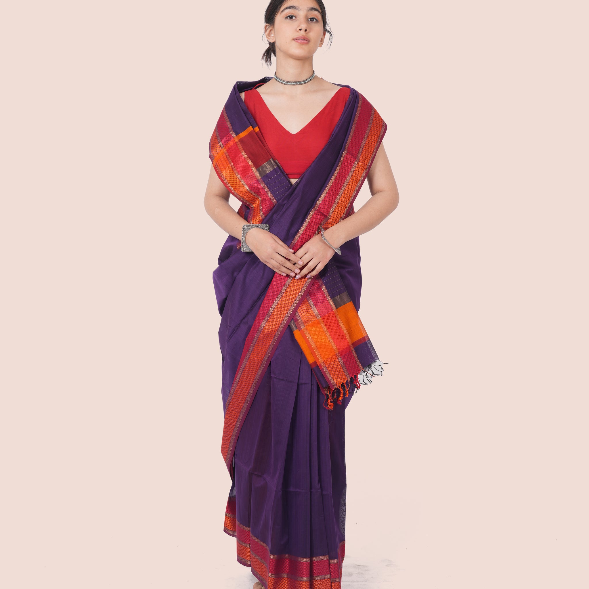 Purple Pure Silk Cotton Maheshwari Saree with Multicolour Border and Palla