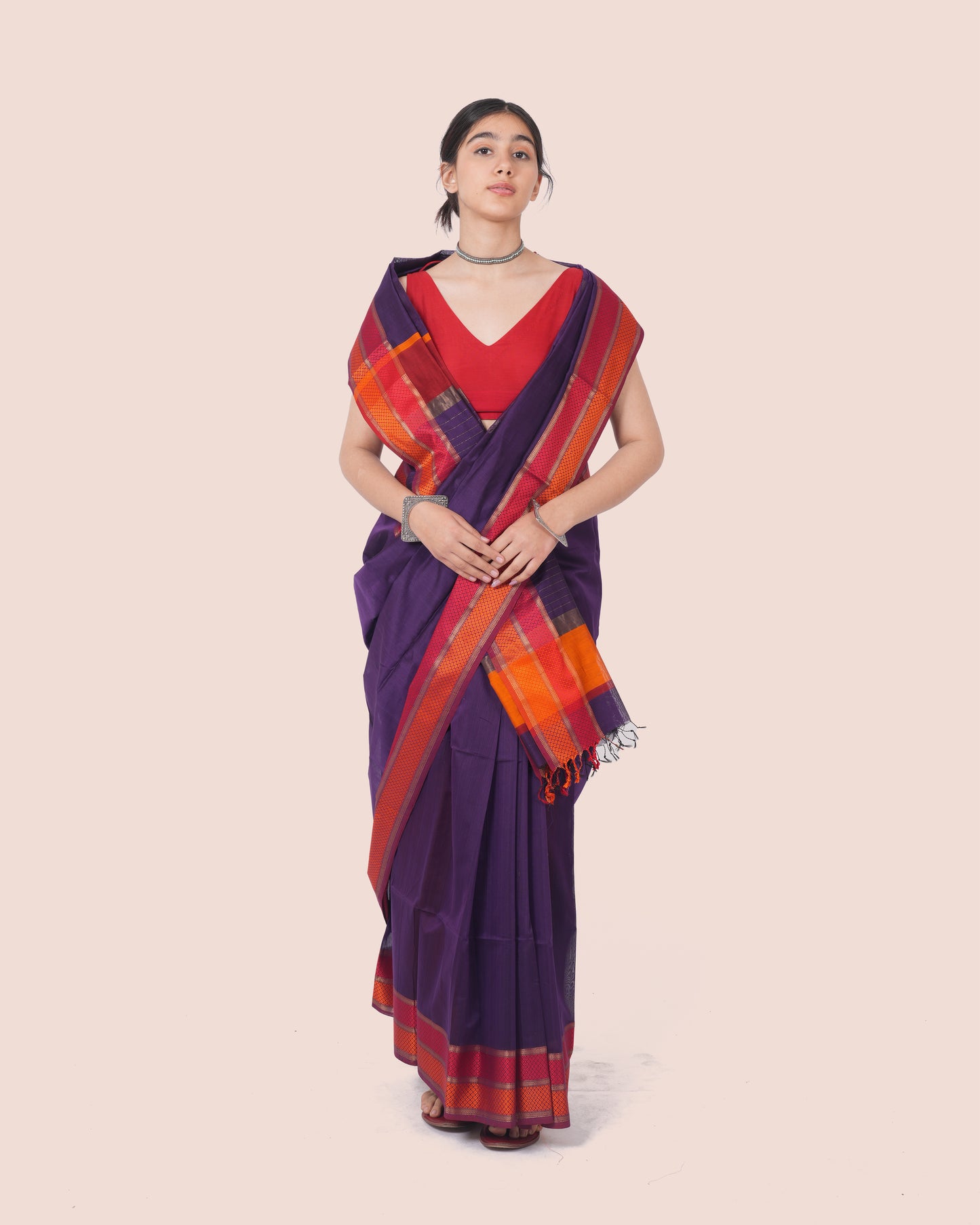 Purple Pure Silk Cotton Maheshwari Saree with Multicolour Border and Palla