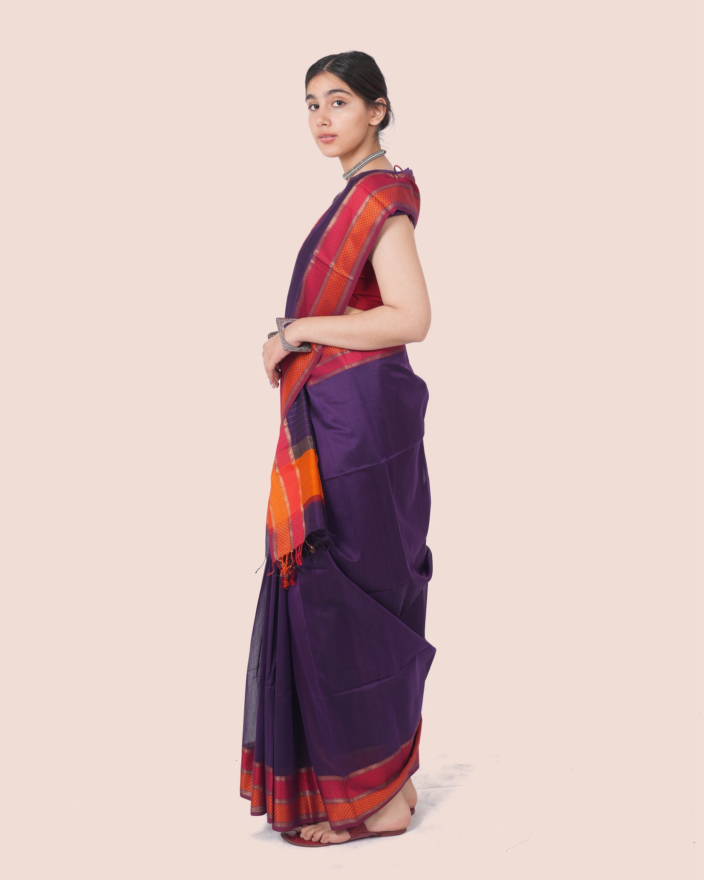 Purple Pure Silk Cotton Maheshwari Saree with Multicolour Border and Palla