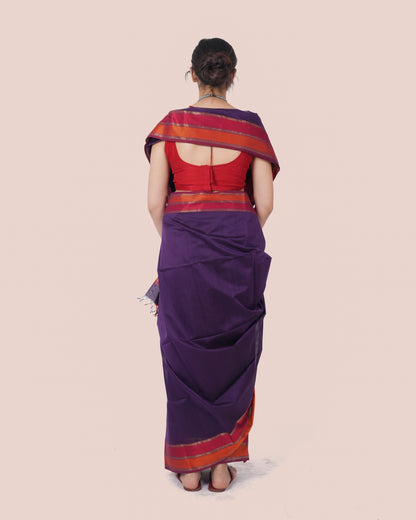 Purple Pure Silk Cotton Maheshwari Saree with Multicolour Border and Palla