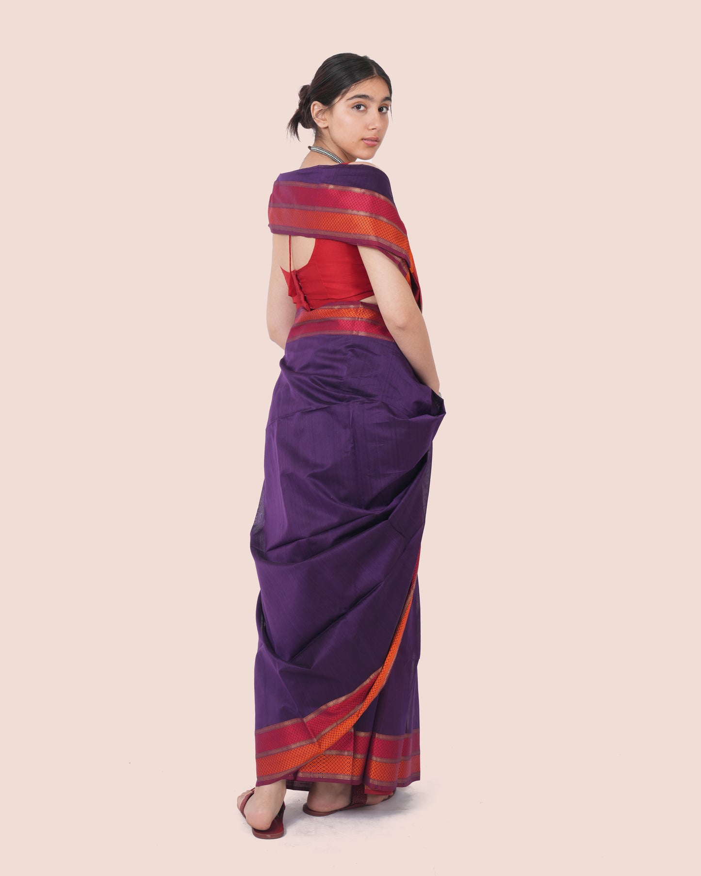 Purple Pure Silk Cotton Maheshwari Saree with Multicolour Border and Palla