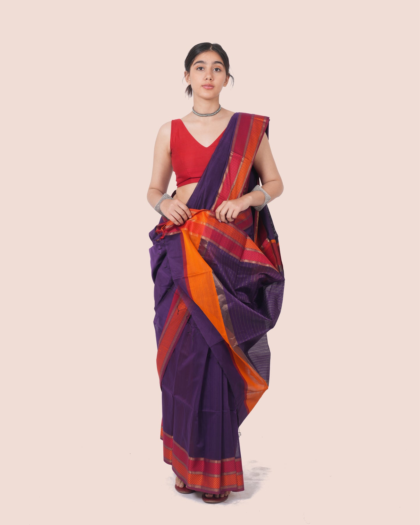 Purple Pure Silk Cotton Maheshwari Saree with Multicolour Border and Palla