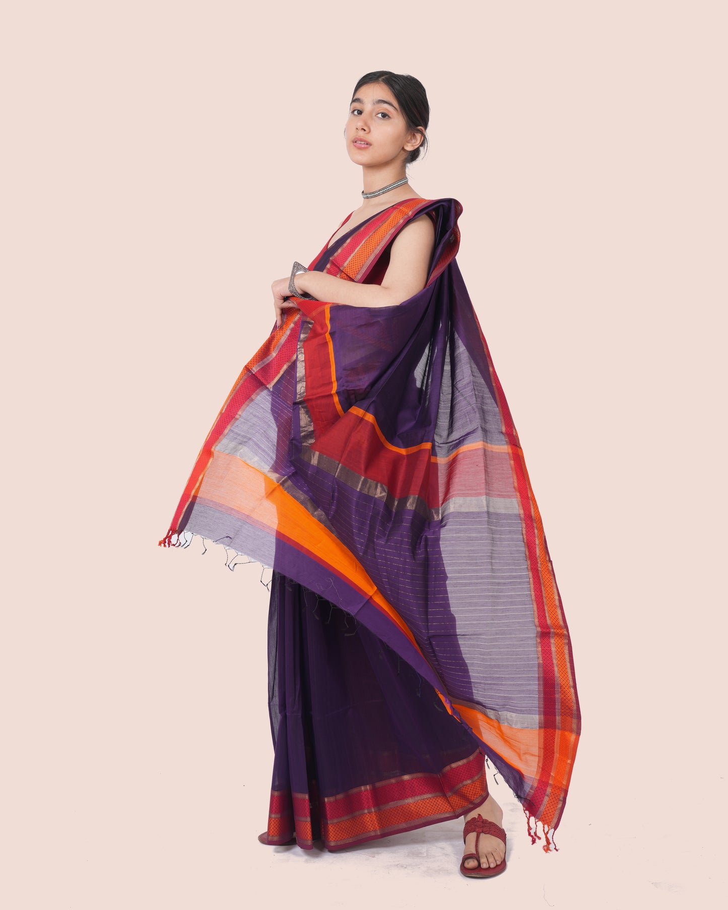 Purple Pure Silk Cotton Maheshwari Saree with Multicolour Border and Palla