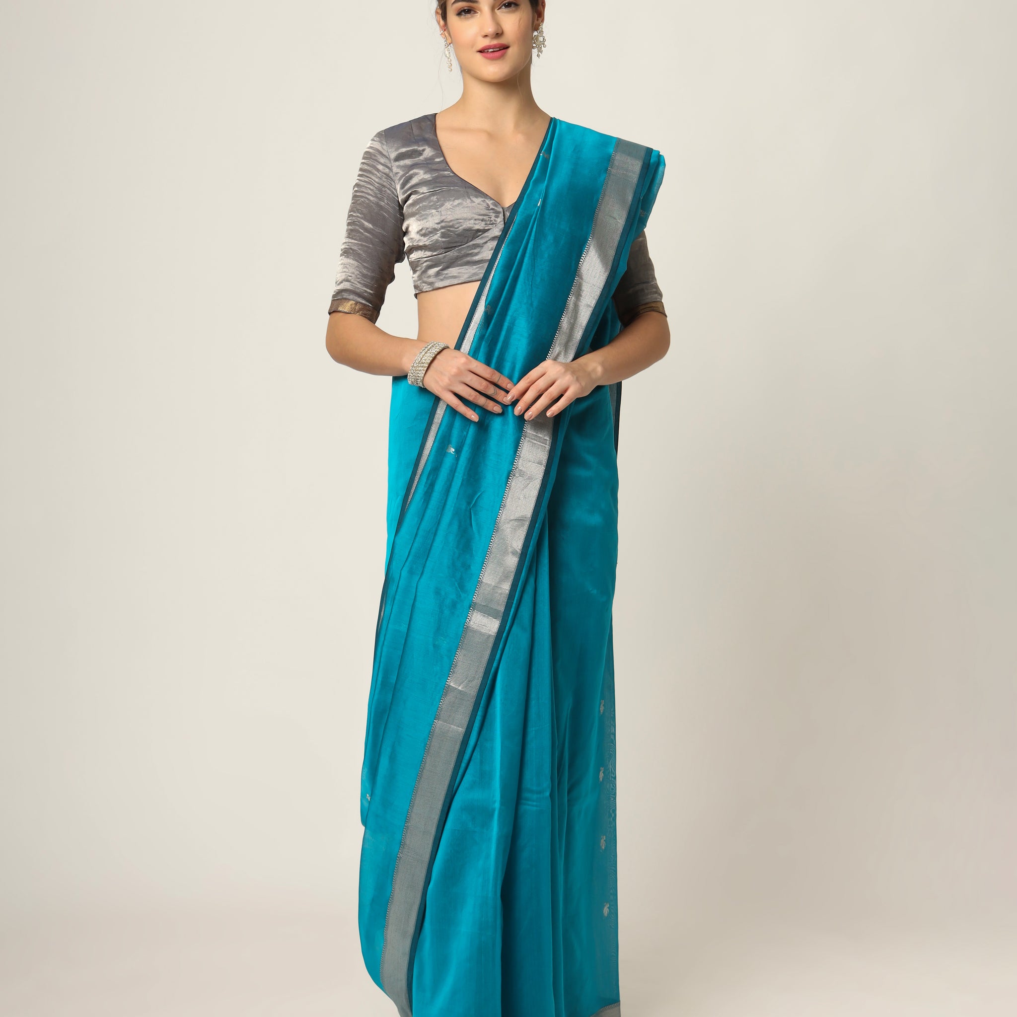 Rama Blue Maheshwari Handloom Silk Cotton With Silver Jari Booti