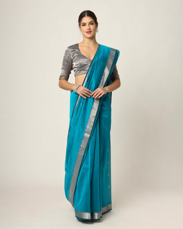 Rama Blue Maheshwari Handloom Silk Cotton With Silver Jari Booti