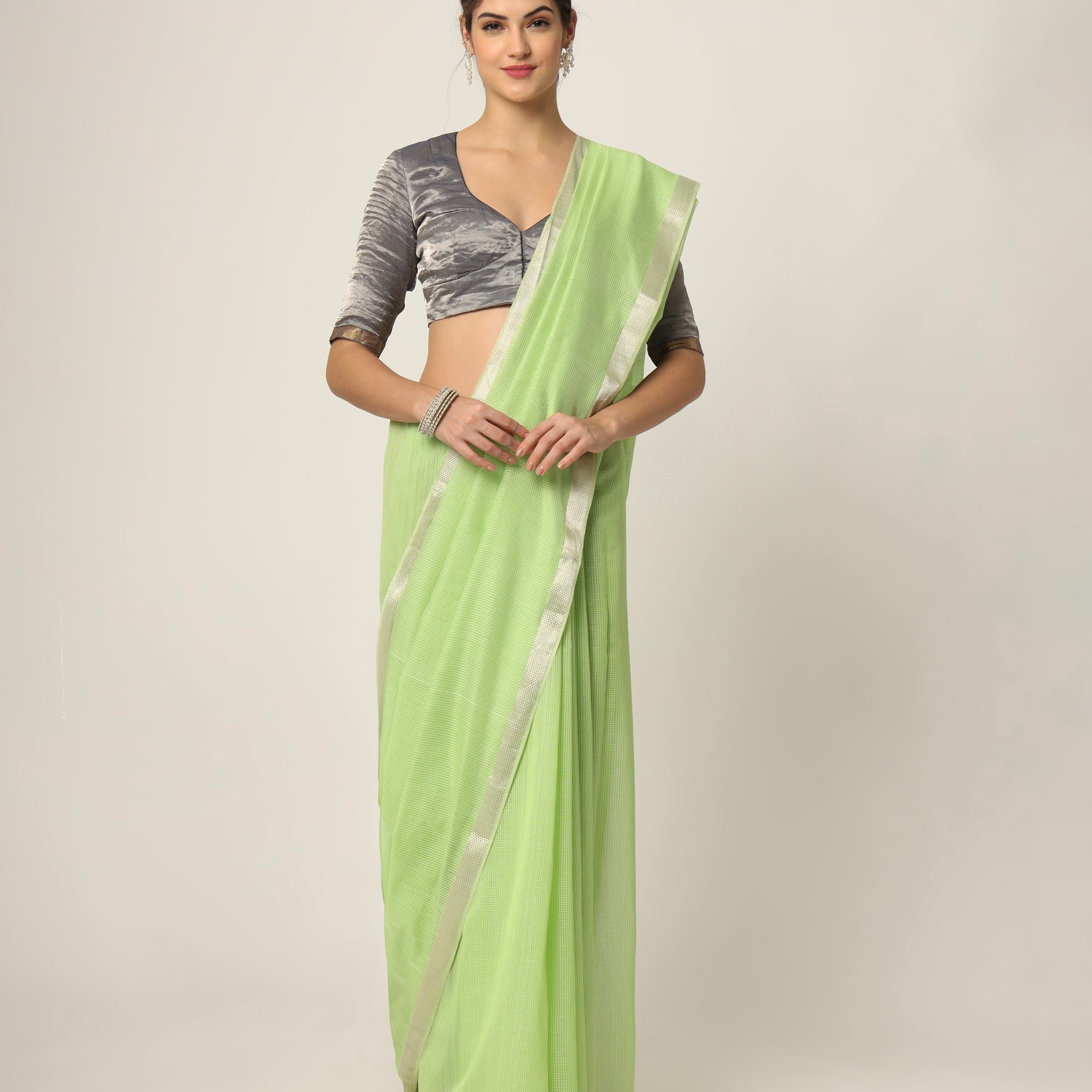 Pista Green Check Maheshwari Handwoven Silk Cotton Silver Jari Border