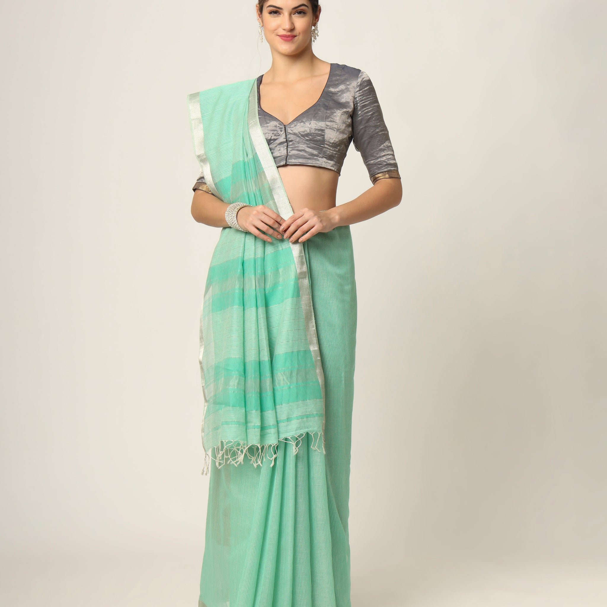 Teal Green Maheshwari Handwoven Silk Cotton Silver Jari Border