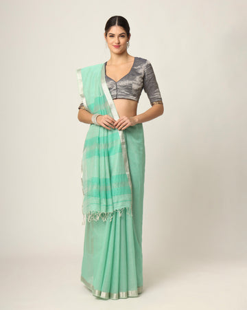 Teal Green Maheshwari Handwoven Silk Cotton Silver Jari Border