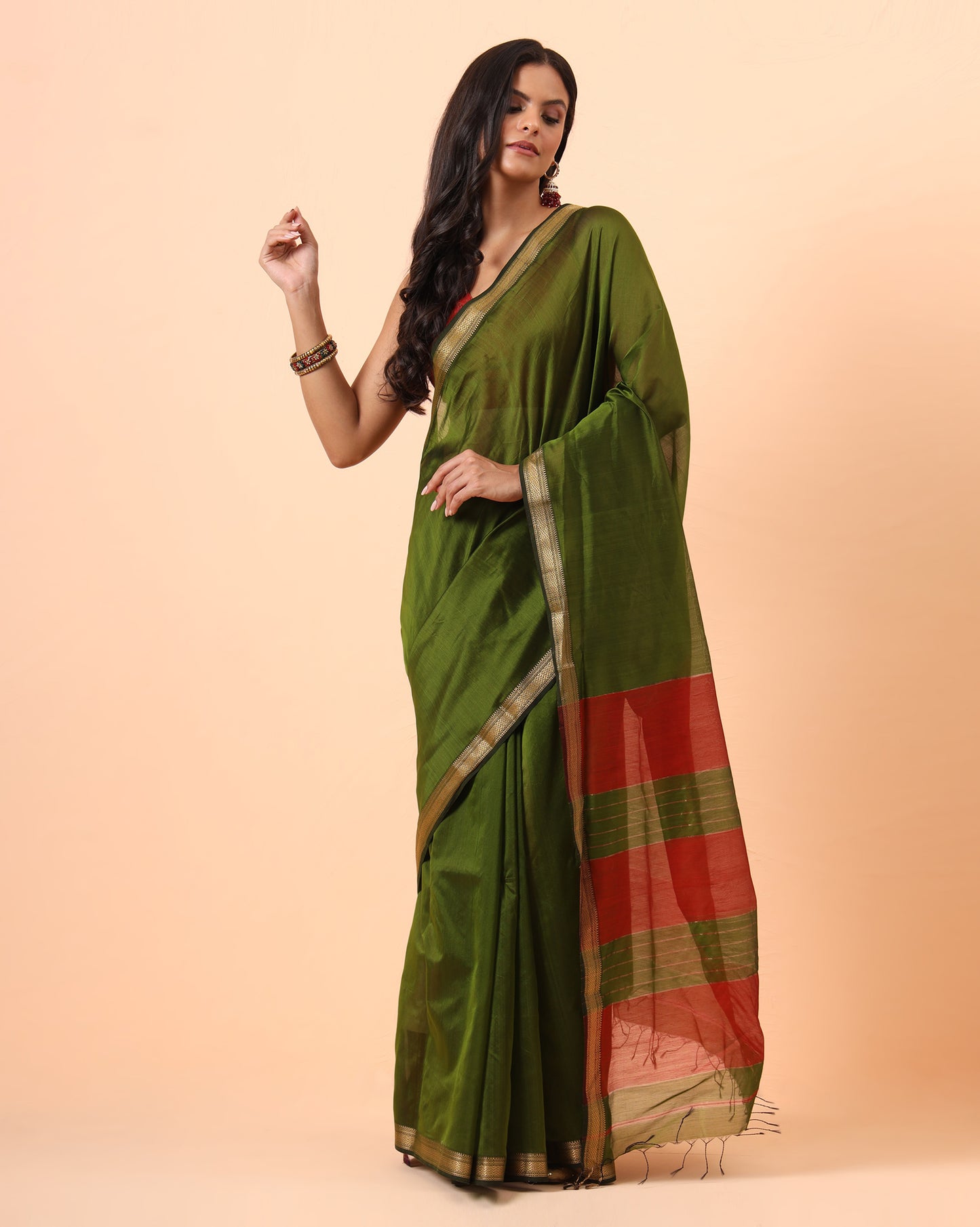 Forest Green Maheshwari Handwoven Saree