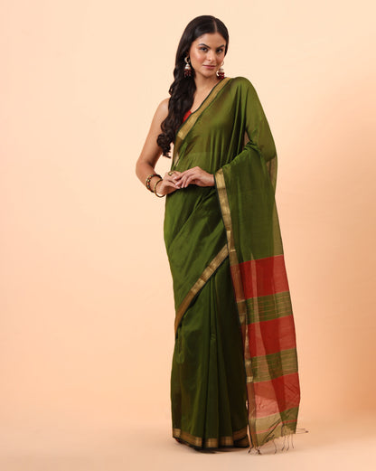 Olive Green Maheshwari Handwoven saree