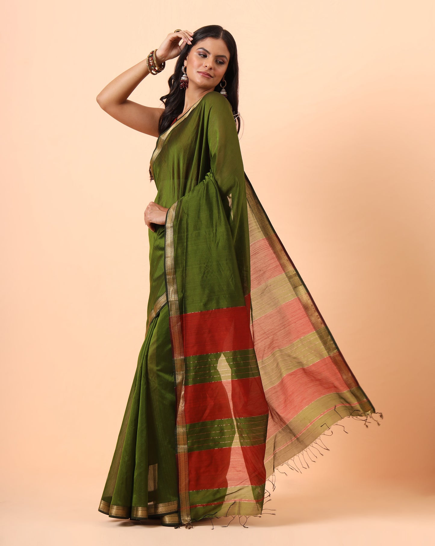 Olive Green Maheshwari Handwoven saree