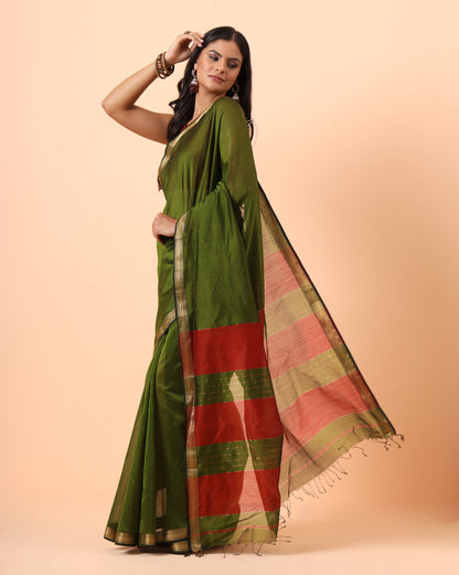 Forest Green Maheshwari Handwoven Saree