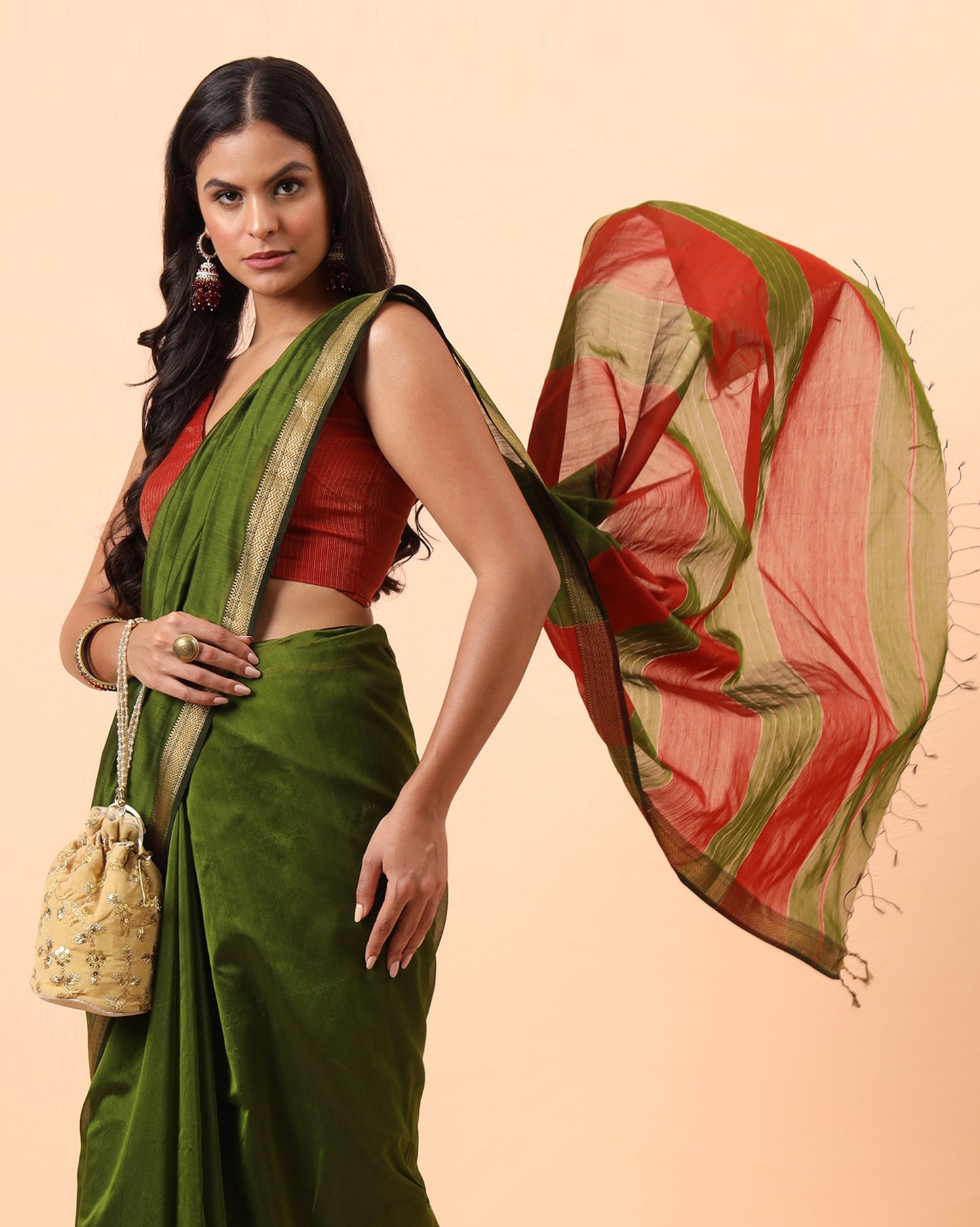 Olive Green Maheshwari Handwoven saree