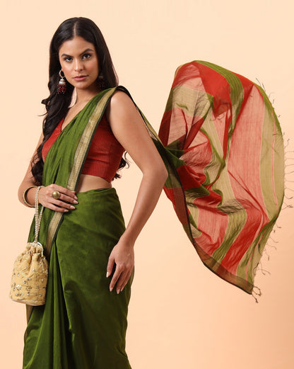 Olive Green Maheshwari Handwoven saree